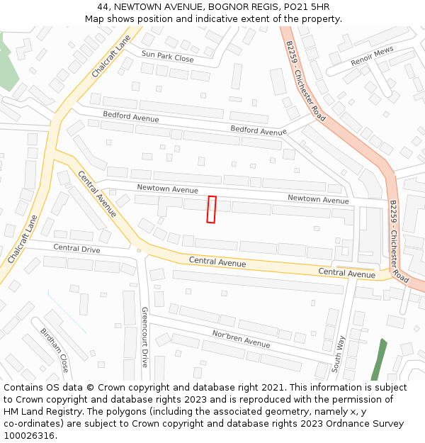 44, NEWTOWN AVENUE, BOGNOR REGIS, PO21 5HR: Location map and indicative extent of plot