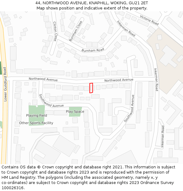 44, NORTHWOOD AVENUE, KNAPHILL, WOKING, GU21 2ET: Location map and indicative extent of plot