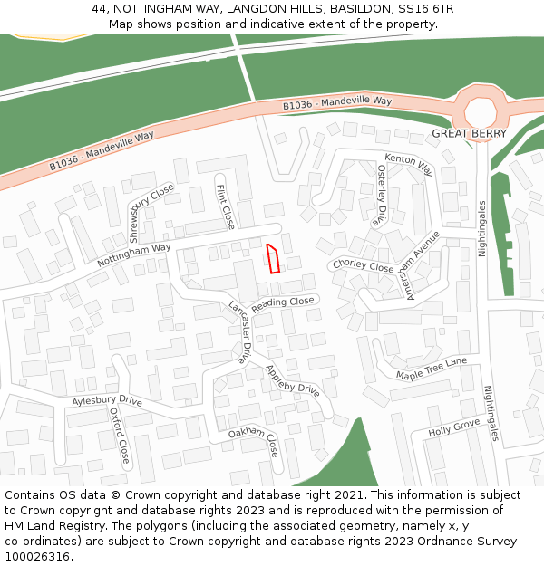 44, NOTTINGHAM WAY, LANGDON HILLS, BASILDON, SS16 6TR: Location map and indicative extent of plot