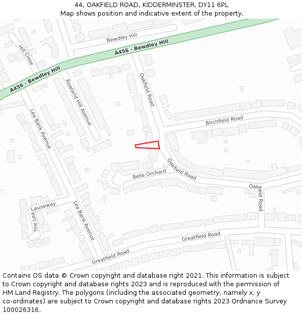 44, OAKFIELD ROAD, KIDDERMINSTER, DY11 6PL: Location map and indicative extent of plot