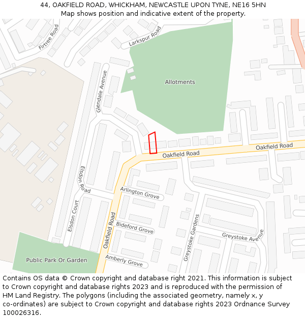 44, OAKFIELD ROAD, WHICKHAM, NEWCASTLE UPON TYNE, NE16 5HN: Location map and indicative extent of plot