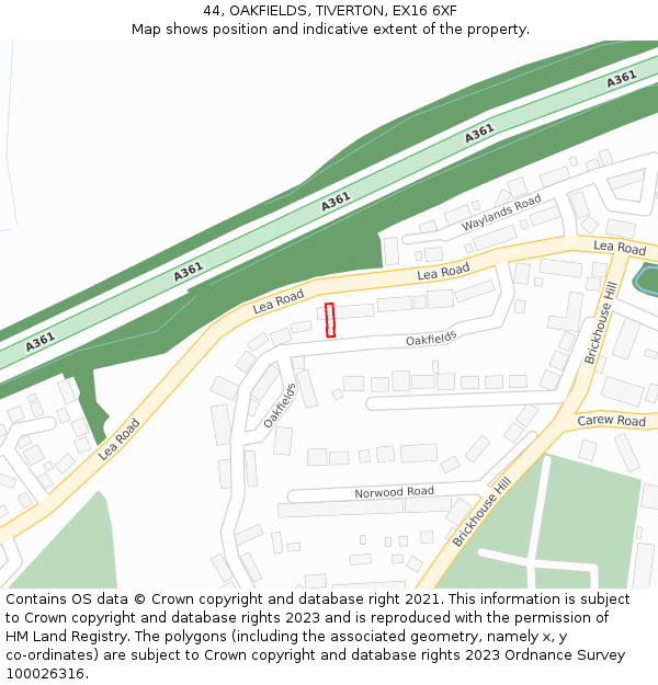 44, OAKFIELDS, TIVERTON, EX16 6XF: Location map and indicative extent of plot