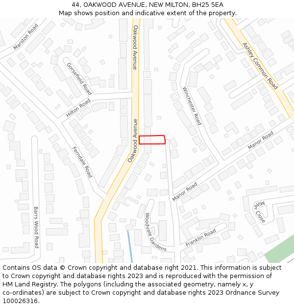 44, OAKWOOD AVENUE, NEW MILTON, BH25 5EA: Location map and indicative extent of plot