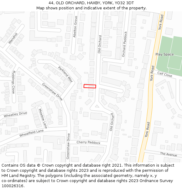 44, OLD ORCHARD, HAXBY, YORK, YO32 3DT: Location map and indicative extent of plot