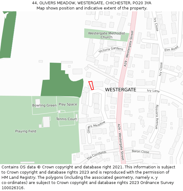 44, OLIVERS MEADOW, WESTERGATE, CHICHESTER, PO20 3YA: Location map and indicative extent of plot