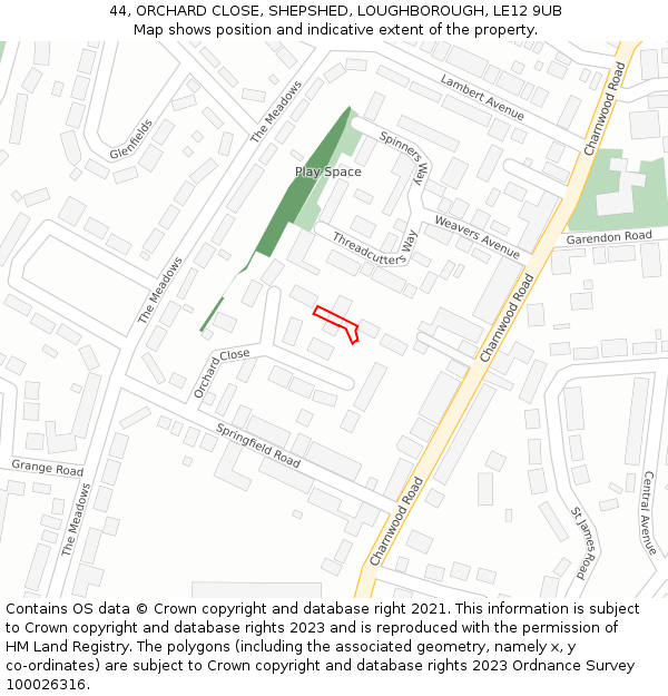 44, ORCHARD CLOSE, SHEPSHED, LOUGHBOROUGH, LE12 9UB: Location map and indicative extent of plot