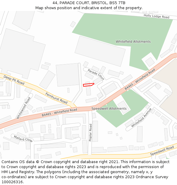 44, PARADE COURT, BRISTOL, BS5 7TB: Location map and indicative extent of plot