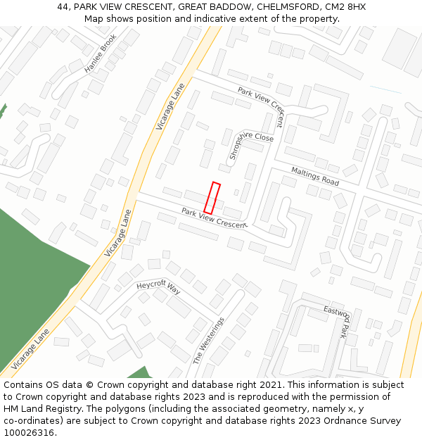 44, PARK VIEW CRESCENT, GREAT BADDOW, CHELMSFORD, CM2 8HX: Location map and indicative extent of plot