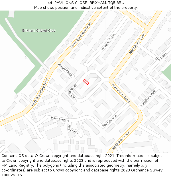44, PAVILIONS CLOSE, BRIXHAM, TQ5 8BU: Location map and indicative extent of plot