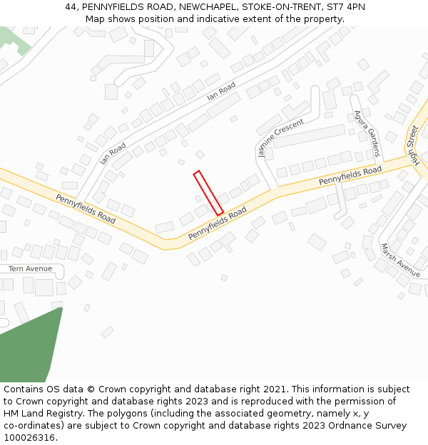 44, PENNYFIELDS ROAD, NEWCHAPEL, STOKE-ON-TRENT, ST7 4PN: Location map and indicative extent of plot