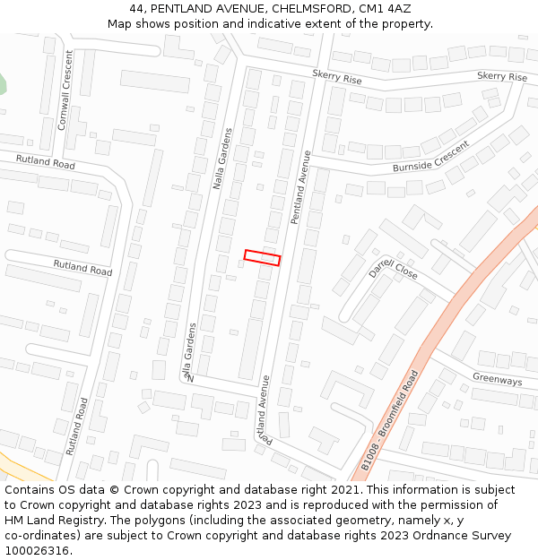 44, PENTLAND AVENUE, CHELMSFORD, CM1 4AZ: Location map and indicative extent of plot