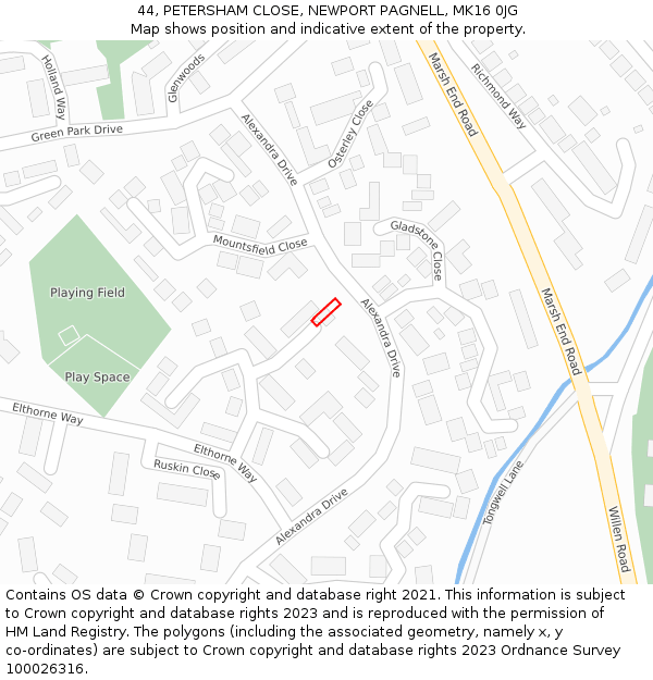 44, PETERSHAM CLOSE, NEWPORT PAGNELL, MK16 0JG: Location map and indicative extent of plot