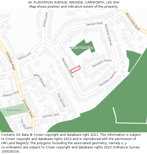 44, PLANTATION AVENUE, ARNSIDE, CARNFORTH, LA5 0HX: Location map and indicative extent of plot