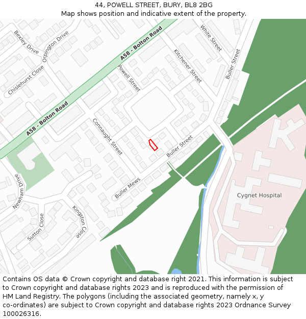 44, POWELL STREET, BURY, BL8 2BG: Location map and indicative extent of plot