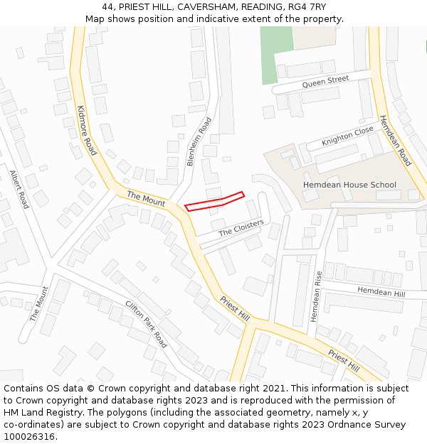 44, PRIEST HILL, CAVERSHAM, READING, RG4 7RY: Location map and indicative extent of plot