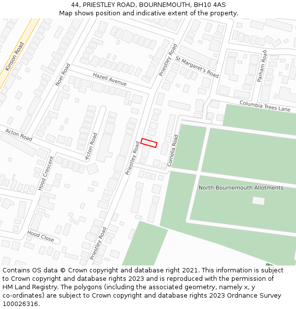 44, PRIESTLEY ROAD, BOURNEMOUTH, BH10 4AS: Location map and indicative extent of plot