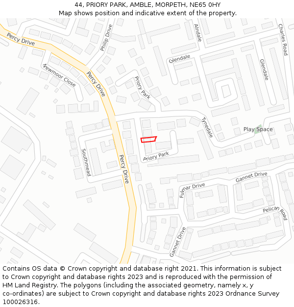 44, PRIORY PARK, AMBLE, MORPETH, NE65 0HY: Location map and indicative extent of plot