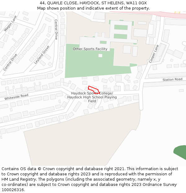 44, QUAYLE CLOSE, HAYDOCK, ST HELENS, WA11 0GX: Location map and indicative extent of plot