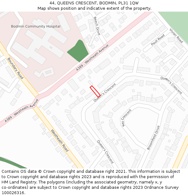 44, QUEENS CRESCENT, BODMIN, PL31 1QW: Location map and indicative extent of plot