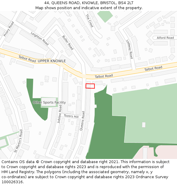 44, QUEENS ROAD, KNOWLE, BRISTOL, BS4 2LT: Location map and indicative extent of plot
