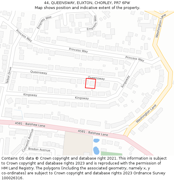 44, QUEENSWAY, EUXTON, CHORLEY, PR7 6PW: Location map and indicative extent of plot