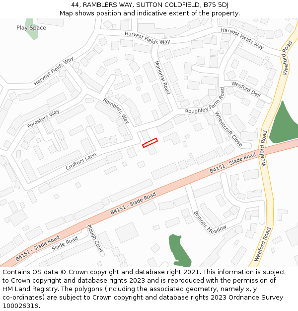 44, RAMBLERS WAY, SUTTON COLDFIELD, B75 5DJ: Location map and indicative extent of plot