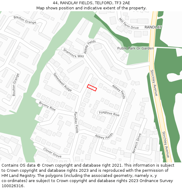 44, RANDLAY FIELDS, TELFORD, TF3 2AE: Location map and indicative extent of plot