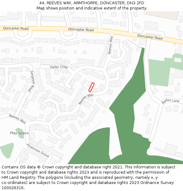 44, REEVES WAY, ARMTHORPE, DONCASTER, DN3 2FD: Location map and indicative extent of plot
