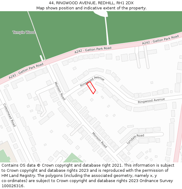 44, RINGWOOD AVENUE, REDHILL, RH1 2DX: Location map and indicative extent of plot