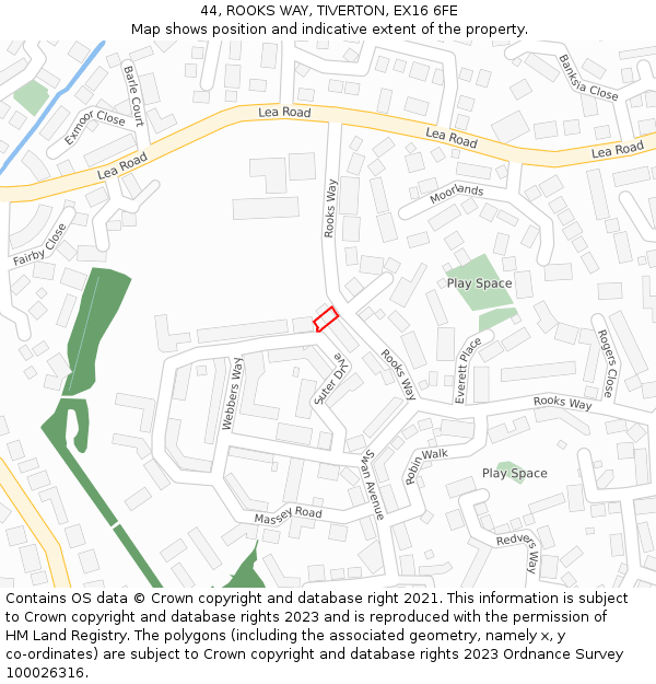 44, ROOKS WAY, TIVERTON, EX16 6FE: Location map and indicative extent of plot