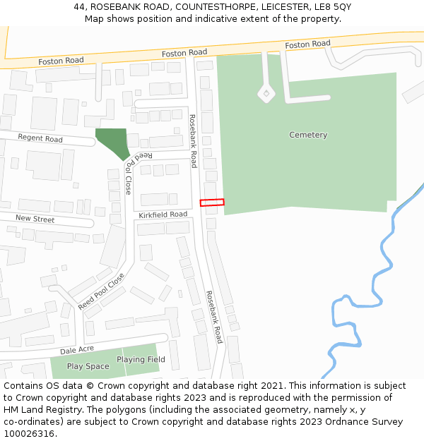 44, ROSEBANK ROAD, COUNTESTHORPE, LEICESTER, LE8 5QY: Location map and indicative extent of plot