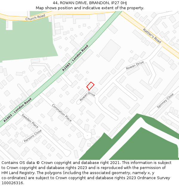 44, ROWAN DRIVE, BRANDON, IP27 0HJ: Location map and indicative extent of plot