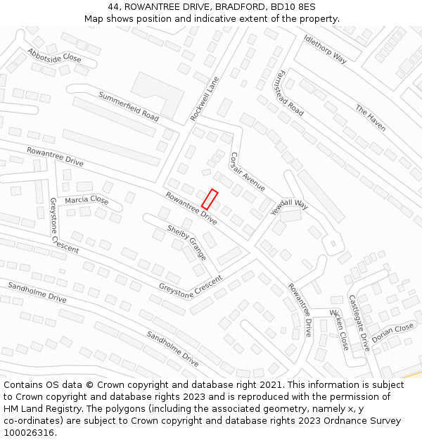 44, ROWANTREE DRIVE, BRADFORD, BD10 8ES: Location map and indicative extent of plot