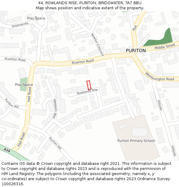 44, ROWLANDS RISE, PURITON, BRIDGWATER, TA7 8BU: Location map and indicative extent of plot