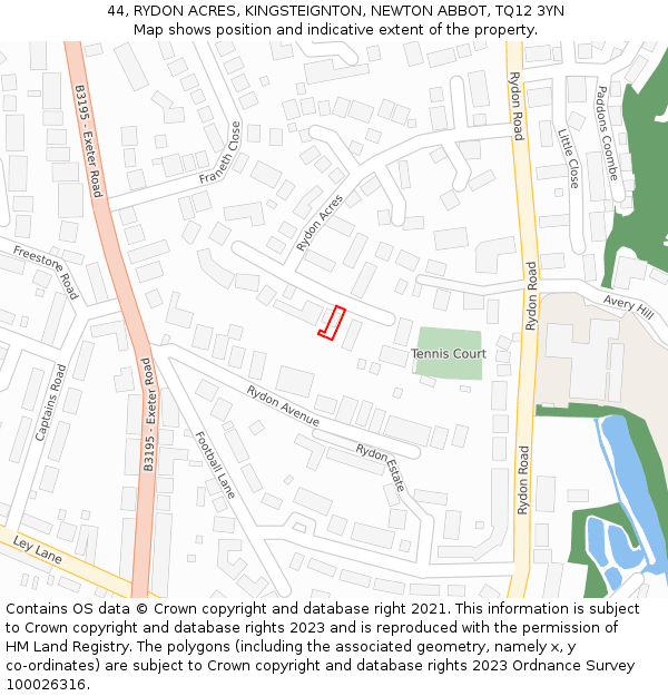 44, RYDON ACRES, KINGSTEIGNTON, NEWTON ABBOT, TQ12 3YN: Location map and indicative extent of plot