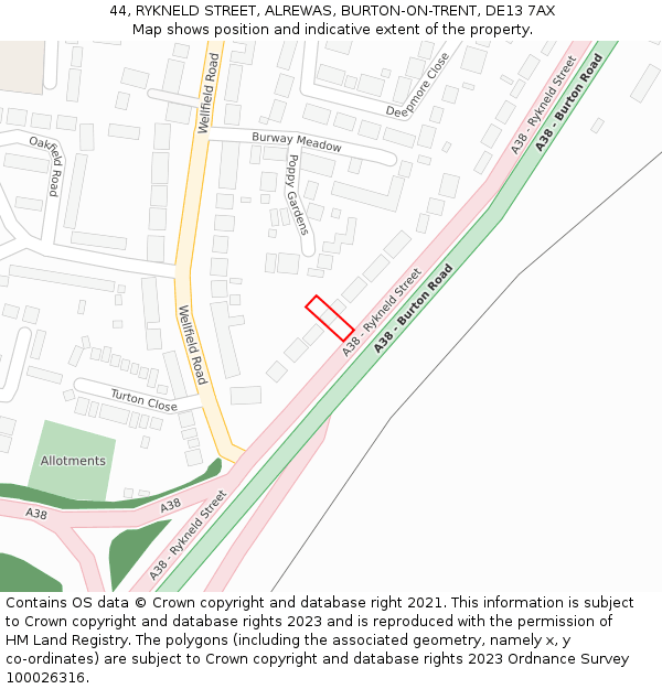 44, RYKNELD STREET, ALREWAS, BURTON-ON-TRENT, DE13 7AX: Location map and indicative extent of plot