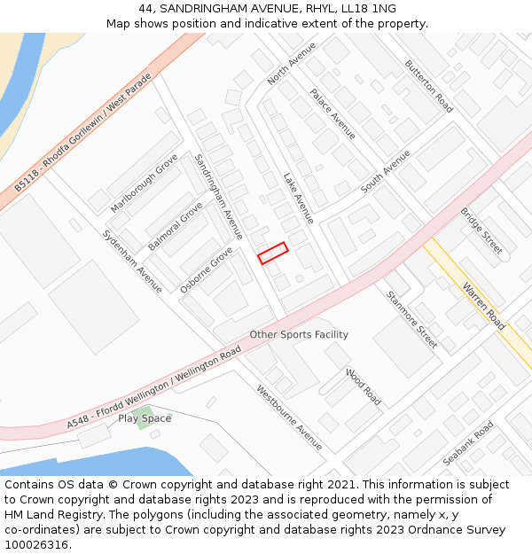 44, SANDRINGHAM AVENUE, RHYL, LL18 1NG: Location map and indicative extent of plot