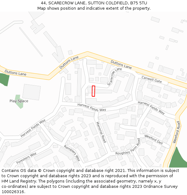 44, SCARECROW LANE, SUTTON COLDFIELD, B75 5TU: Location map and indicative extent of plot