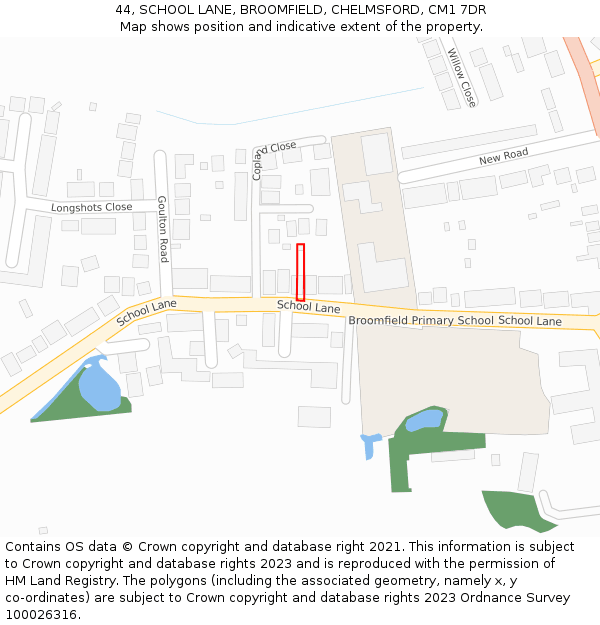 44, SCHOOL LANE, BROOMFIELD, CHELMSFORD, CM1 7DR: Location map and indicative extent of plot
