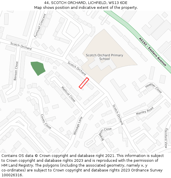 44, SCOTCH ORCHARD, LICHFIELD, WS13 6DE: Location map and indicative extent of plot