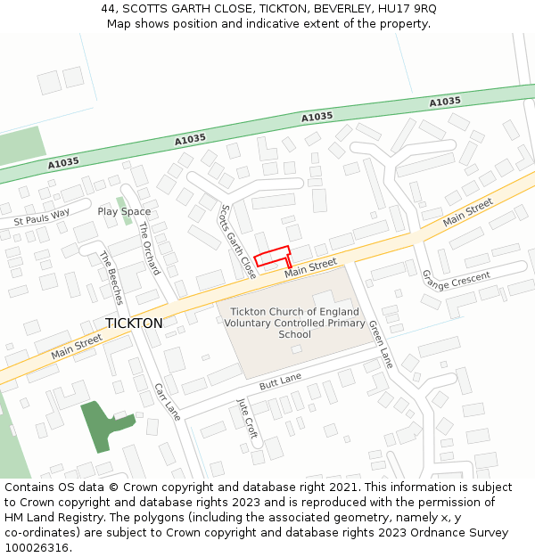 44, SCOTTS GARTH CLOSE, TICKTON, BEVERLEY, HU17 9RQ: Location map and indicative extent of plot