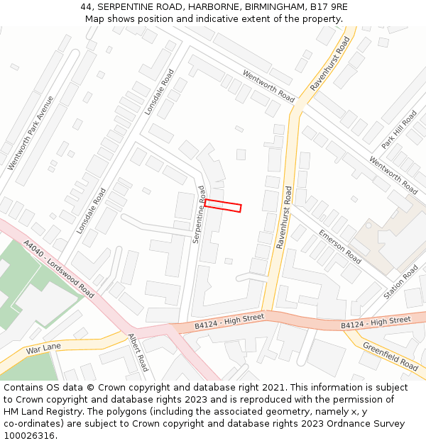 44, SERPENTINE ROAD, HARBORNE, BIRMINGHAM, B17 9RE: Location map and indicative extent of plot