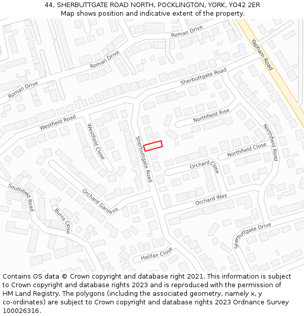 44, SHERBUTTGATE ROAD NORTH, POCKLINGTON, YORK, YO42 2ER: Location map and indicative extent of plot