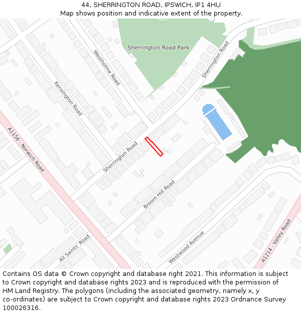 44, SHERRINGTON ROAD, IPSWICH, IP1 4HU: Location map and indicative extent of plot