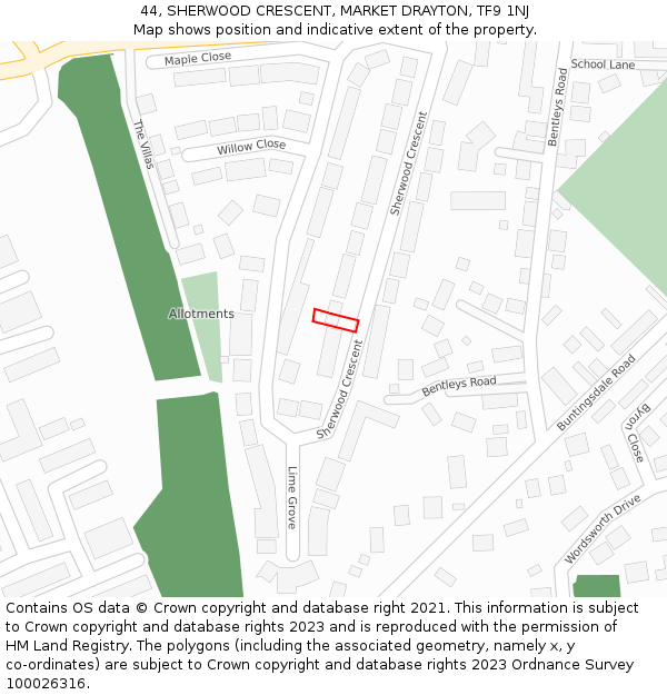 44, SHERWOOD CRESCENT, MARKET DRAYTON, TF9 1NJ: Location map and indicative extent of plot