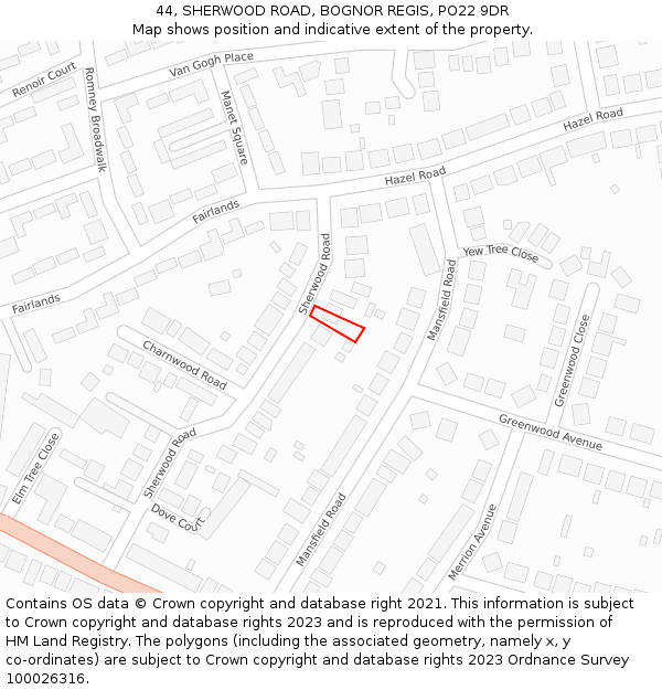 44, SHERWOOD ROAD, BOGNOR REGIS, PO22 9DR: Location map and indicative extent of plot