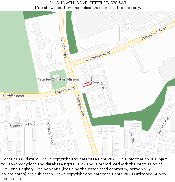 44, SHINWELL DRIVE, PETERLEE, SR8 5AB: Location map and indicative extent of plot