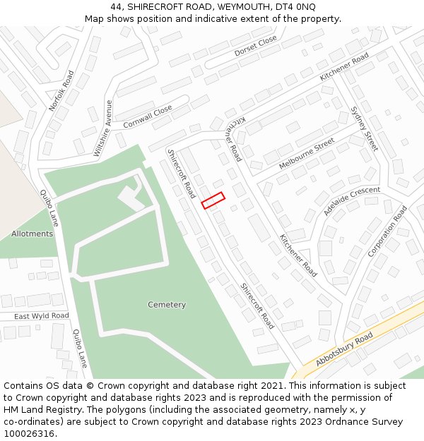 44, SHIRECROFT ROAD, WEYMOUTH, DT4 0NQ: Location map and indicative extent of plot