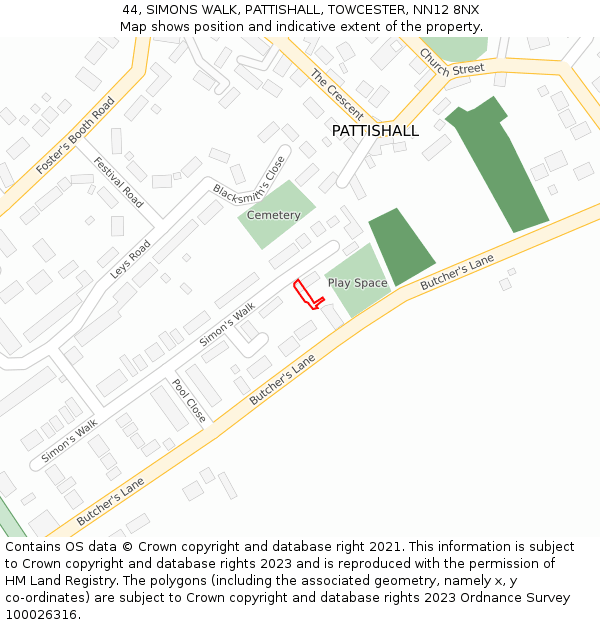 44, SIMONS WALK, PATTISHALL, TOWCESTER, NN12 8NX: Location map and indicative extent of plot