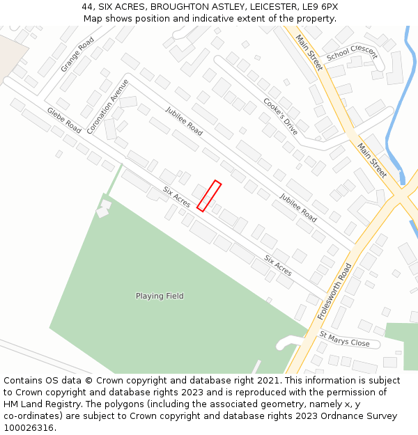 44, SIX ACRES, BROUGHTON ASTLEY, LEICESTER, LE9 6PX: Location map and indicative extent of plot